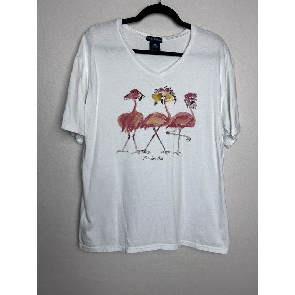 Quail Hallow Women's Short Sleeve White T-Shirt V-Neck Flamingo Ft Myers Size L